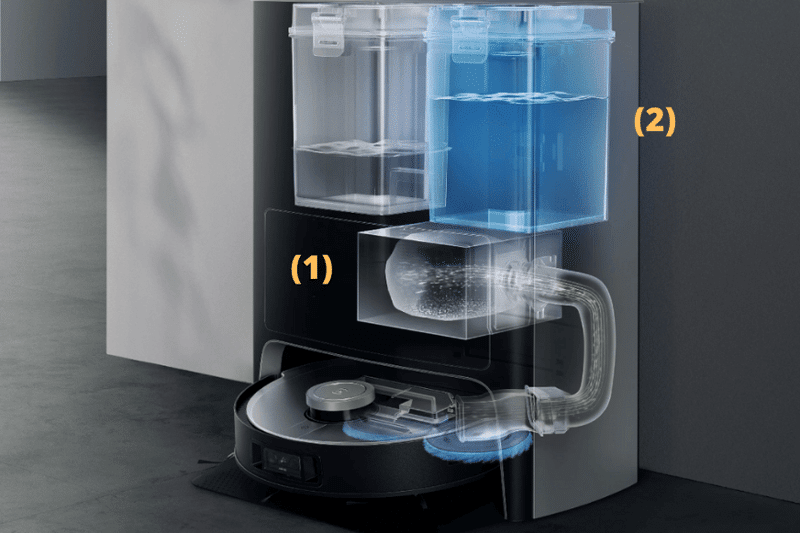 Die Multifunktionsstation des Ecovacs Deebot X1 OMNI ist vom Nahen zu sehen